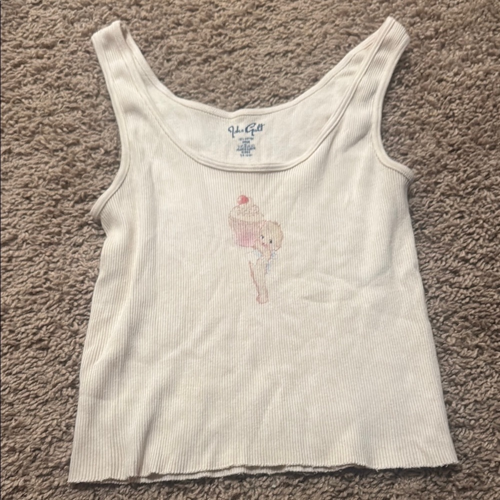 White Ribbed Tank Top with Ice Cream Graphic
